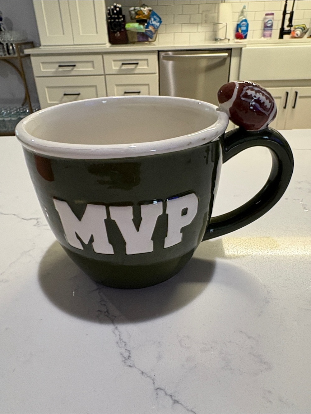 MVP Dark Green Ceramic Coffee Mug with Football Handle Accent - Picture 3 of 5